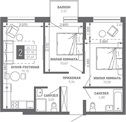 2-комн., 58.7 м², 6/9 этаж, ЖК «Иначе в Молодежном»