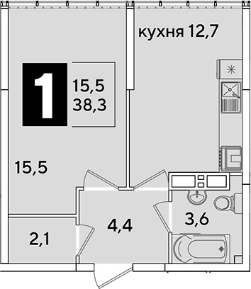 1-комн., 38.3 м², 16/16 этаж, ЖК «Самолет»