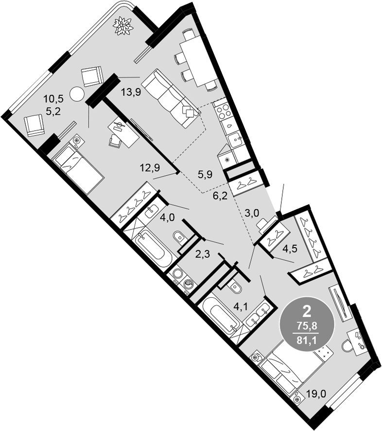 3-комн., 75.9 м², 4/5 этаж, ЖК «Клубный дом премиум класса Моретта»