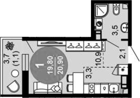 Студия, 19.8 м², 7/12 этаж, ЖК «Флора»