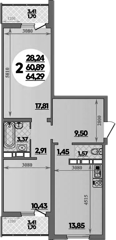 2-комн., 60.89 м², 9/9 этаж, ЖК «Романовский»