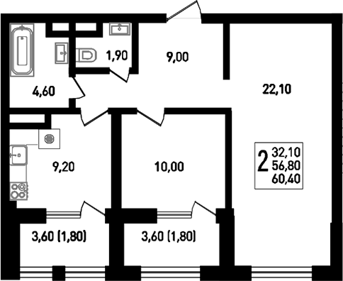 2-комн., 63.3 м², 3/8 этаж, ЖК «Югге»