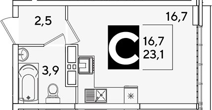Студия, 23.1 м², 16/16 этаж, ЖК «Самолет»