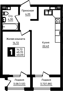 1-комн., 45.7 м², 3/18 этаж, ЖК «Резиденция морей»