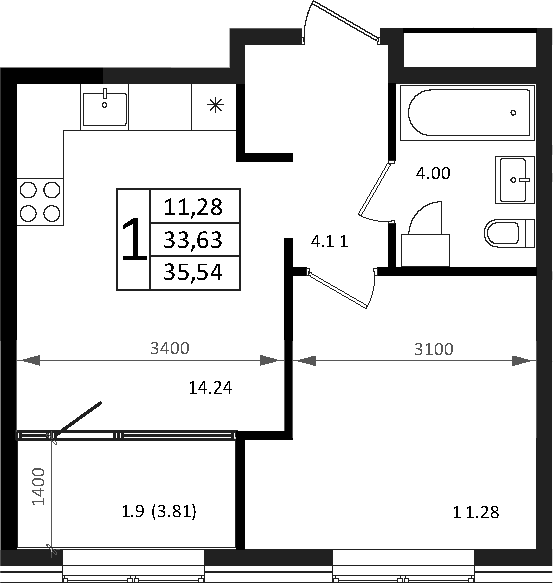 2-комн., 33.63 м², 6/7 этаж, ЖК «Патрики»