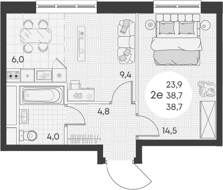 2-комн., 38.7 м², 5/14 этаж, ЖК «Грин Эппл»