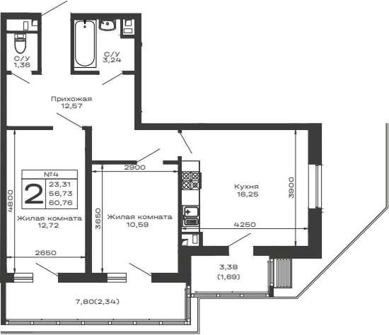 2-комн., 56.73 м², 2/16 этаж, ЖК «Долина»