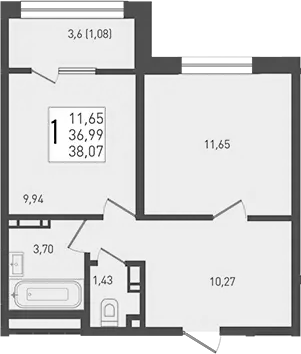 1-комн., 36.99 м², 2/9 этаж, ЖК «Югге»