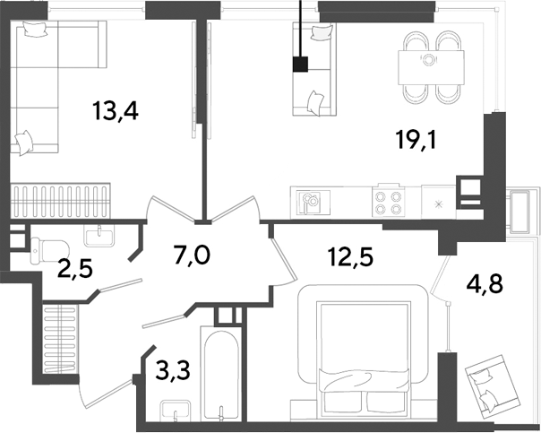 3-комн., 57.8 м², 9/9 этаж, ЖК «Парк Победы»
