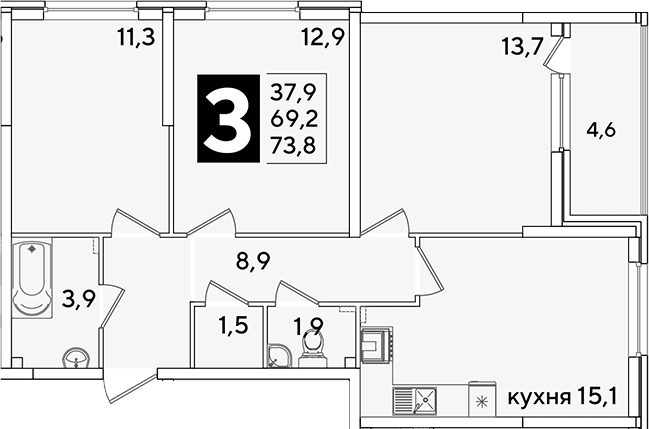 4+ комнаты, 69.2 м², 2/16 этаж, ЖК «Самолет»