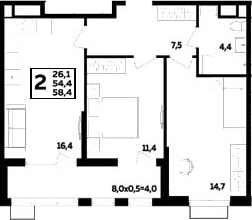 2-комн., 54.4 м², 2/16 этаж, ЖК «МегаСити»