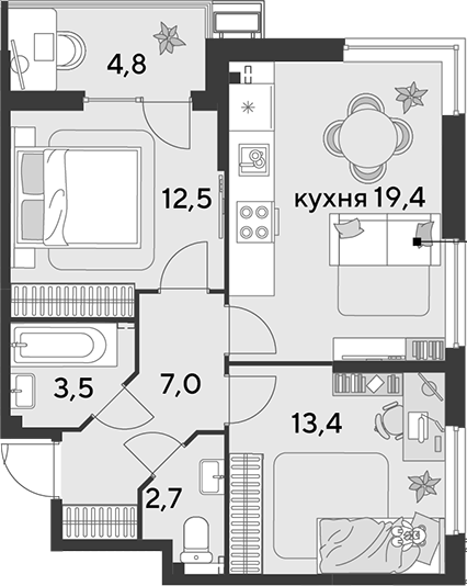 3-комн., 58.5 м², 2/9 этаж, ЖК «Парк Победы»