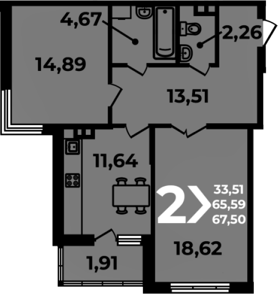2-комн., 65.59 м², 5/19 этаж, ЖК «Аксиома»