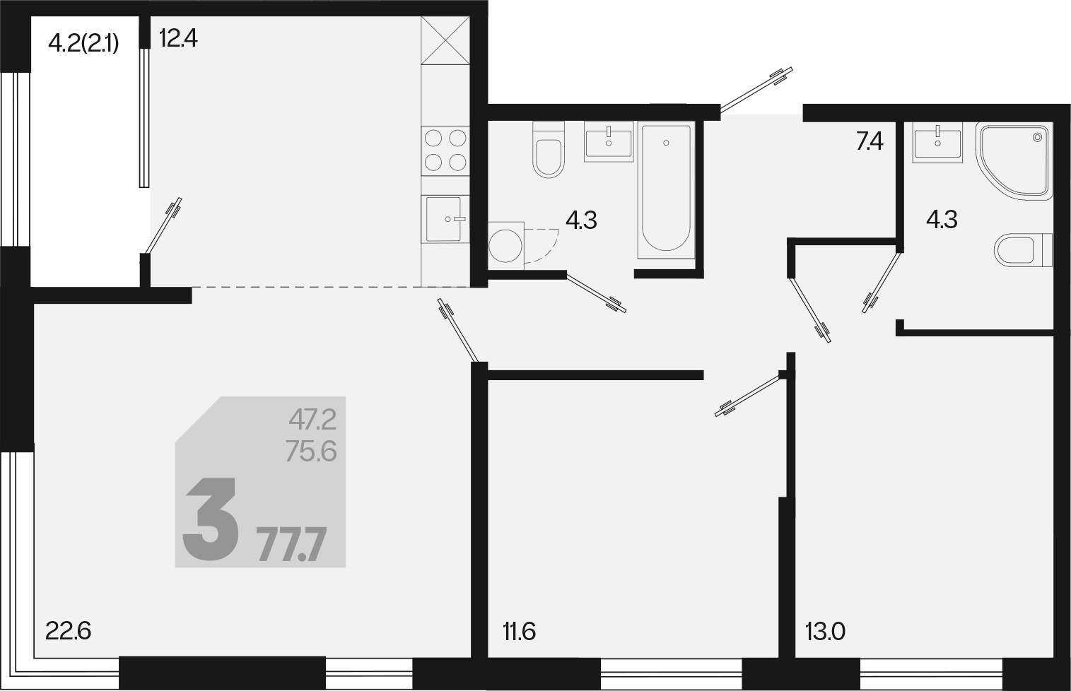 Продается 3-комн. квартира, 75.6 м²