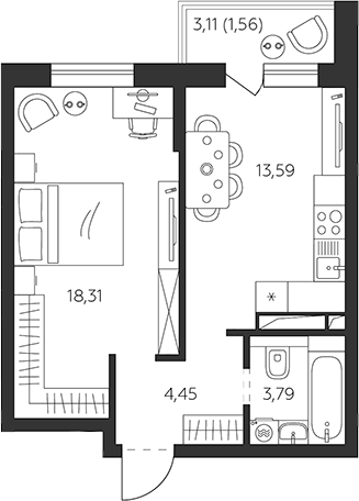 1-комн., 40.14 м², 4/9 этаж, ЖК «К24»