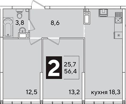 3-комн., 56.4 м², 15/16 этаж, ЖК «Самолет»