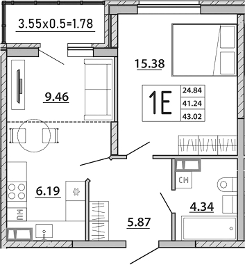 2-комн., 41.24 м², 6/8 этаж, ЖК «Любимый дом. СЗ СтройГрупп»