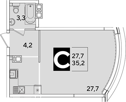 Студия, 35.2 м², 7/16 этаж, ЖК «Самолет»