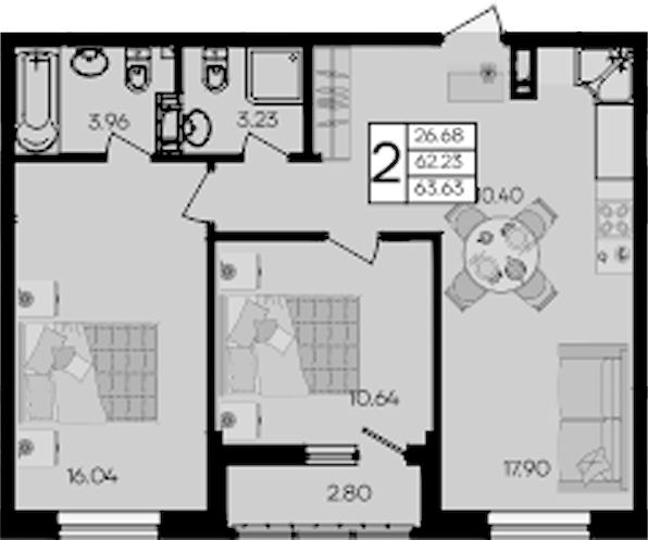 2-комн., 62.23 м², 6/9 этаж, ЖК «Дом 101»