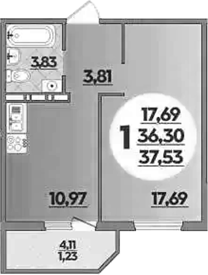 1-комн., 36.3 м², 3/9 этаж, ЖК «Южная долина»