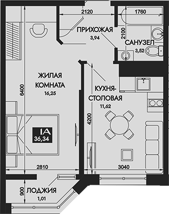 1-комн., 35.33 м², 10/16 этаж, ЖК «Вершины. ГК Смена»