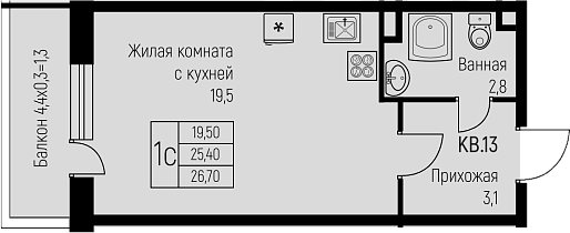 Студия, 25.4 м², 2/3 этаж, ЖК «Nova Vita»
