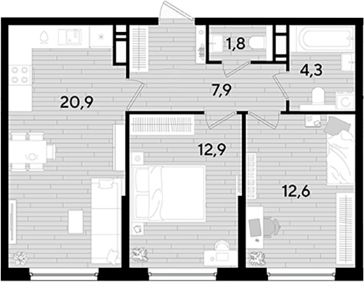 2-комн., 60.4 м², 10/16 этаж, ЖК «DОГМА ПАРК»