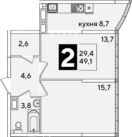 Продается 2-комн. квартира, 49.1 м²
