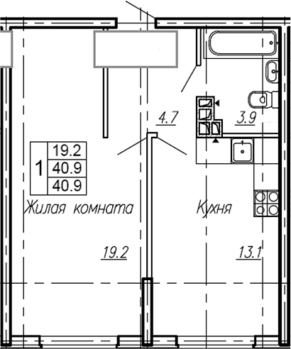 1-комн., 40.9 м², 1/4 этаж, ЖК «Эво»