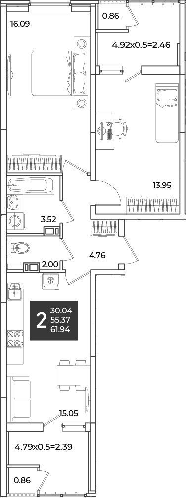 2-комн., 55.37 м², 6/18 этаж, ЖК «Образцово»