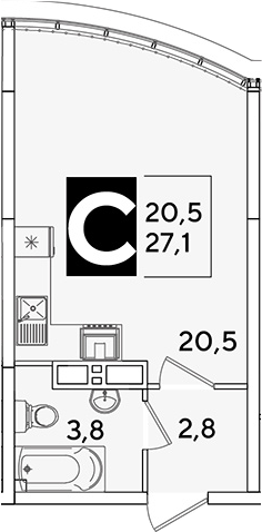 Студия, 27.1 м², 16/16 этаж, ЖК «Самолет»