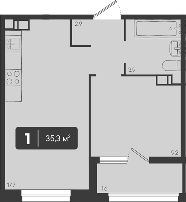 1-комн., 33.7 м², 8/18 этаж, ЖК «Архитектор. ГК ЮгСтройИнвест»