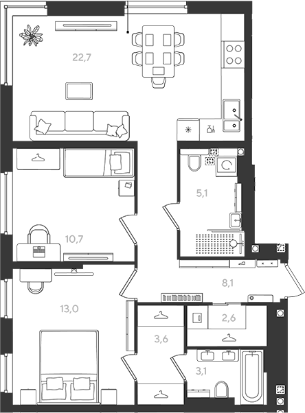 2-комн., 68.9 м², 2/18 этаж, ЖК «Самолет»