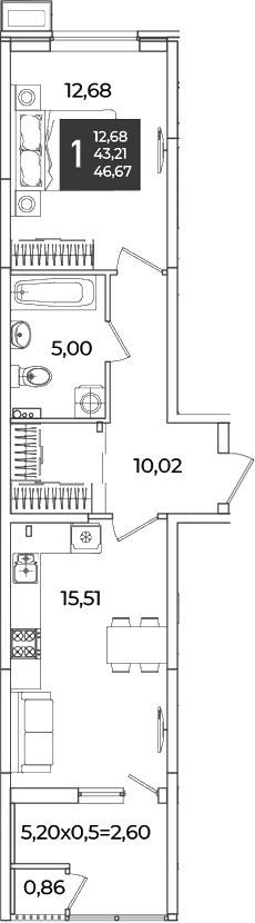 1-комн., 43.21 м², 2/18 этаж, ЖК «Образцово»
