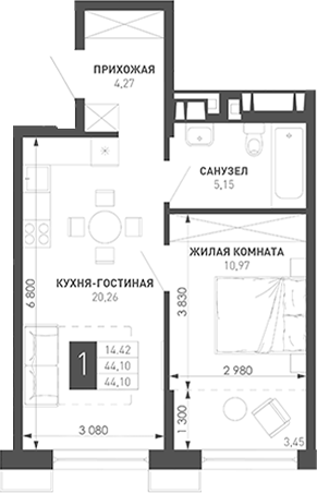 1-комн., 43.05 м², 4/18 этаж, ЖК «Иначе в Молодежном»