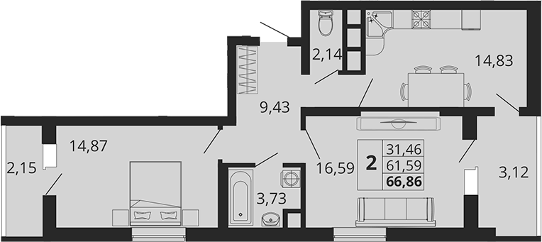 2-комн., 59.75 м², 18/18 этаж, ЖК «Родные Просторы»
