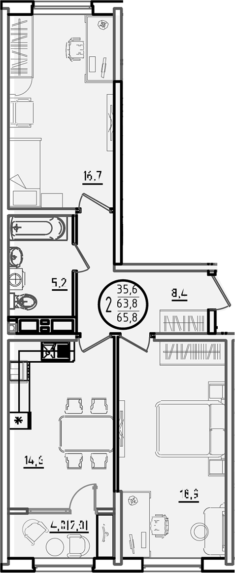 2-комн., 63.8 м², 13/18 этаж, ЖК «Первое место»