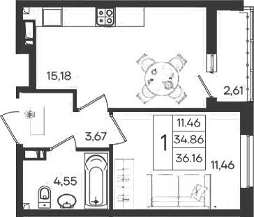 1-комн., 34.85 м², 6/9 этаж, ЖК «Дом 101»