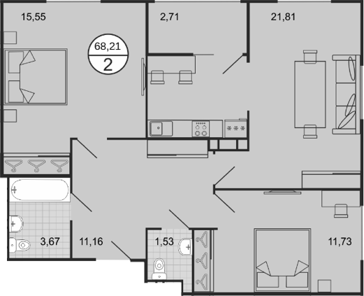 3-комн., 65.5 м², 4/9 этаж, ЖК «Событие»