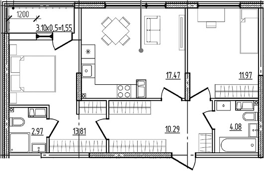 2-комн., 60.59 м², 2/9 этаж, ЖК «Моренуар»