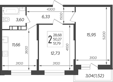2-комн., 50.27 м², 14/19 этаж, ЖК «Смородина»