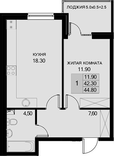 1-комн., 42.3 м², 2/7 этаж, ЖК «История»