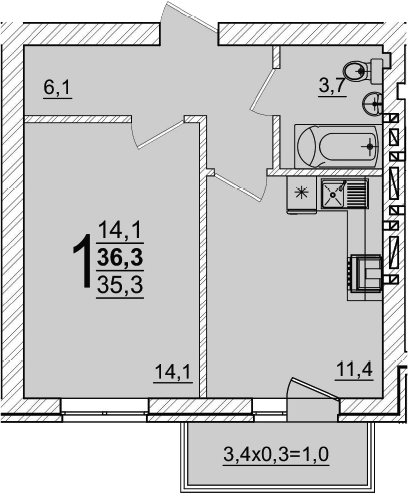 1-комн., 35.3 м², 5/5 этаж, ЖК «Дарград»