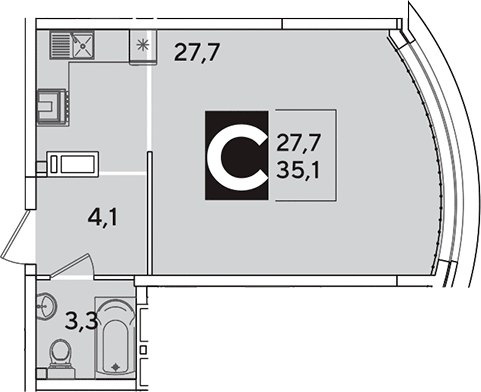 Студия, 35.1 м², 14/16 этаж, ЖК «Самолет»