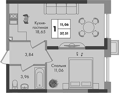 1-комн., 37.51 м², 4/9 этаж, ЖК «Зеленая территория»