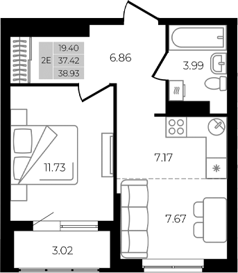 2-комн., 37.42 м², 3/8 этаж, ЖК «Курортный регион»