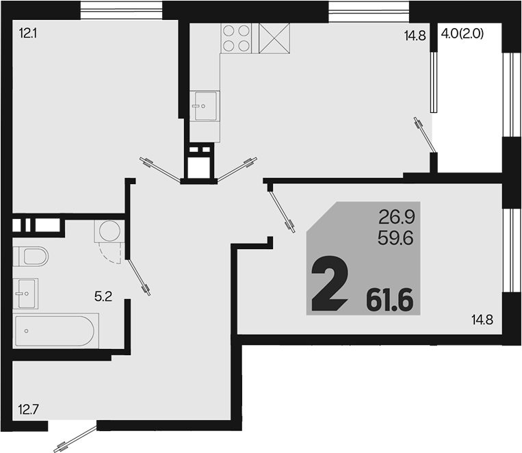 2-комн., 59.6 м², 13/18 этаж, ЖК «Первое место»
