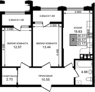 2-комн., 59.57 м², 6/8 этаж, ЖК «Резиденция морей»