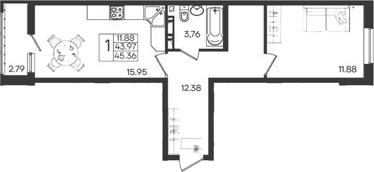 1-комн., 43.97 м², 6/9 этаж, ЖК «Дом 101»