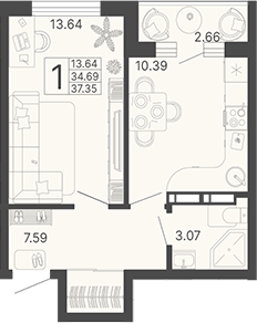 1-комн., 34.69 м², 16/19 этаж, ЖК «Светский лес»